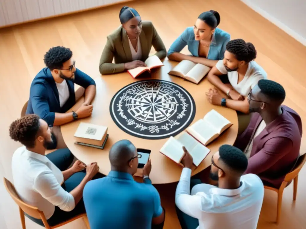 Un círculo de jóvenes de diferentes culturas intercambiando idiomas con libros y laptops