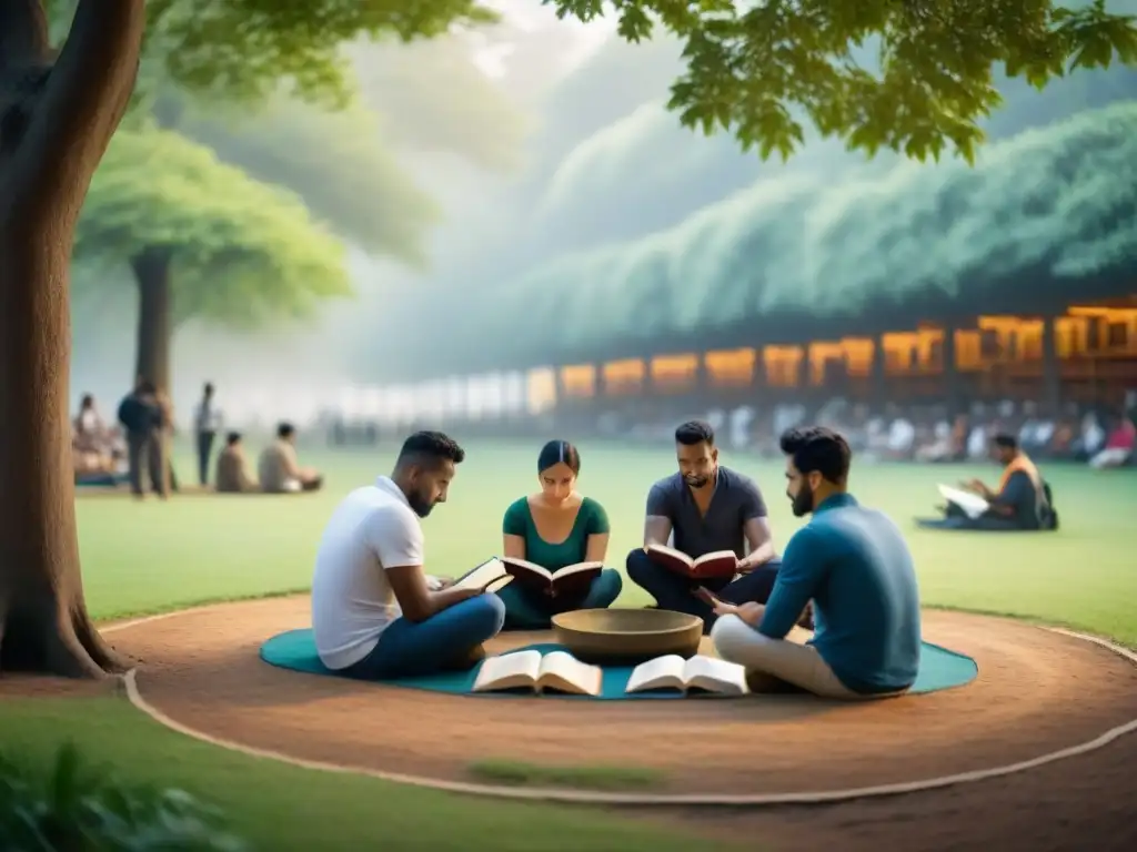 Un círculo de lectura multicultural en un parque tranquilo, uniendo culturas con libros locales que transforman vidas