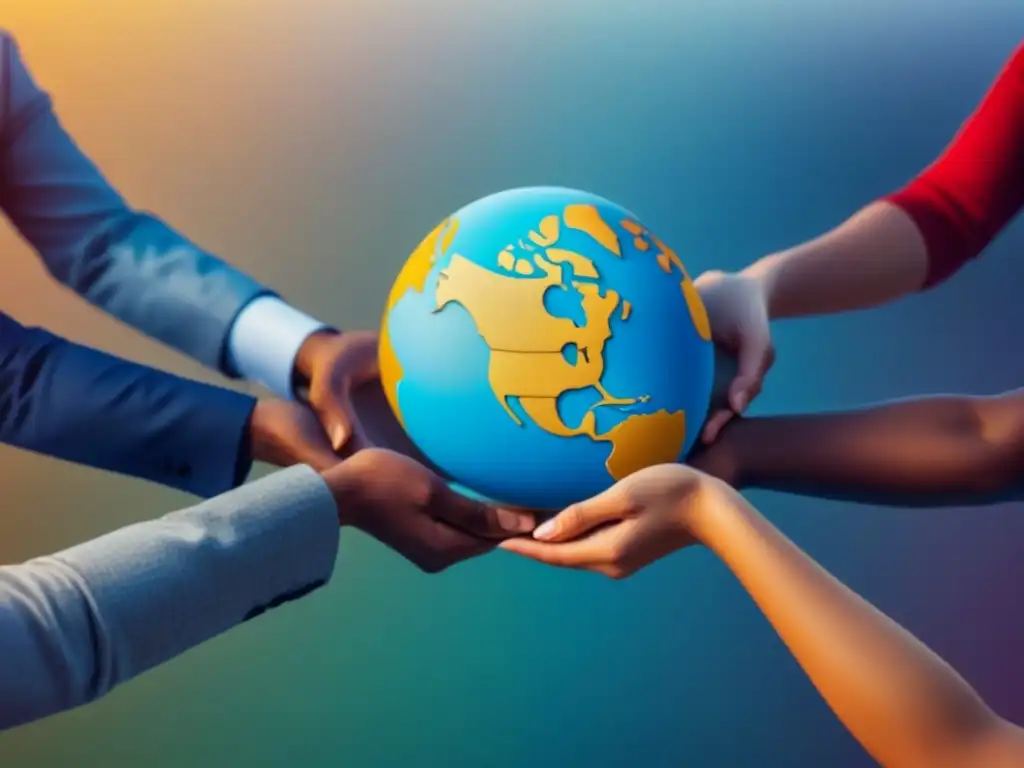 Un círculo de líderes diversos unidos por un puzzle que forma un globo terráqueo, simbolizando los beneficios de los intercambios culturales en el liderazgo
