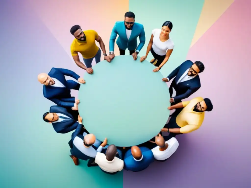 Un círculo de líderes diversos, unidos en armonía y confianza, en un paisaje abstracto que simboliza la colaboración y la unidad