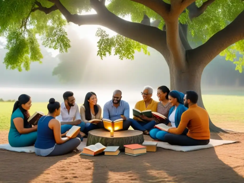 Un círculo de personas diversas leyendo libros locales que transforman vidas bajo un árbol