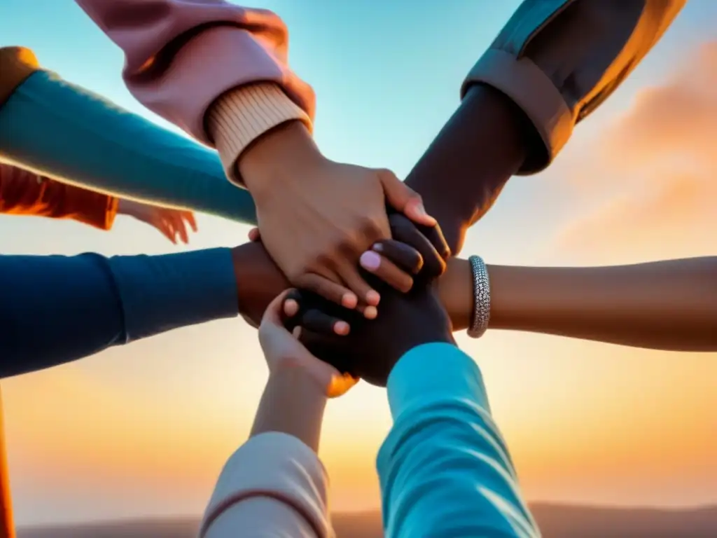Un círculo de siluetas diversas de personas tomadas de la mano, simbolizando unidad y intercambio cultural en un ambiente armonioso