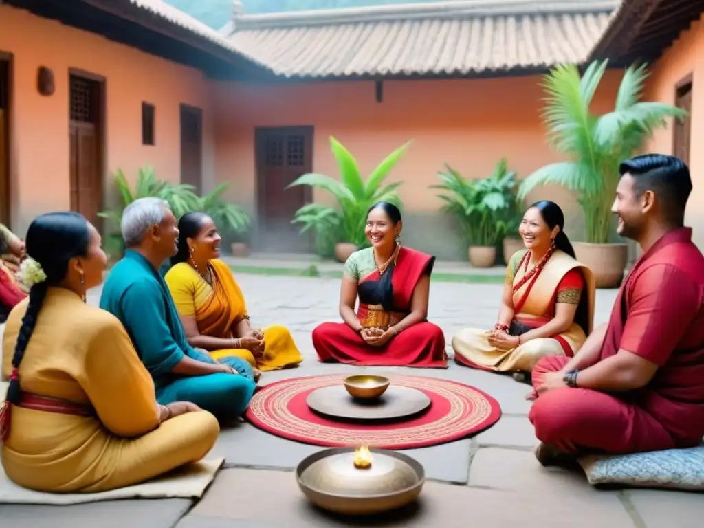 Un círculo de sonrisas unidas en intercambio cultural comunitario, rodeado de colores y artesanías tradicionales