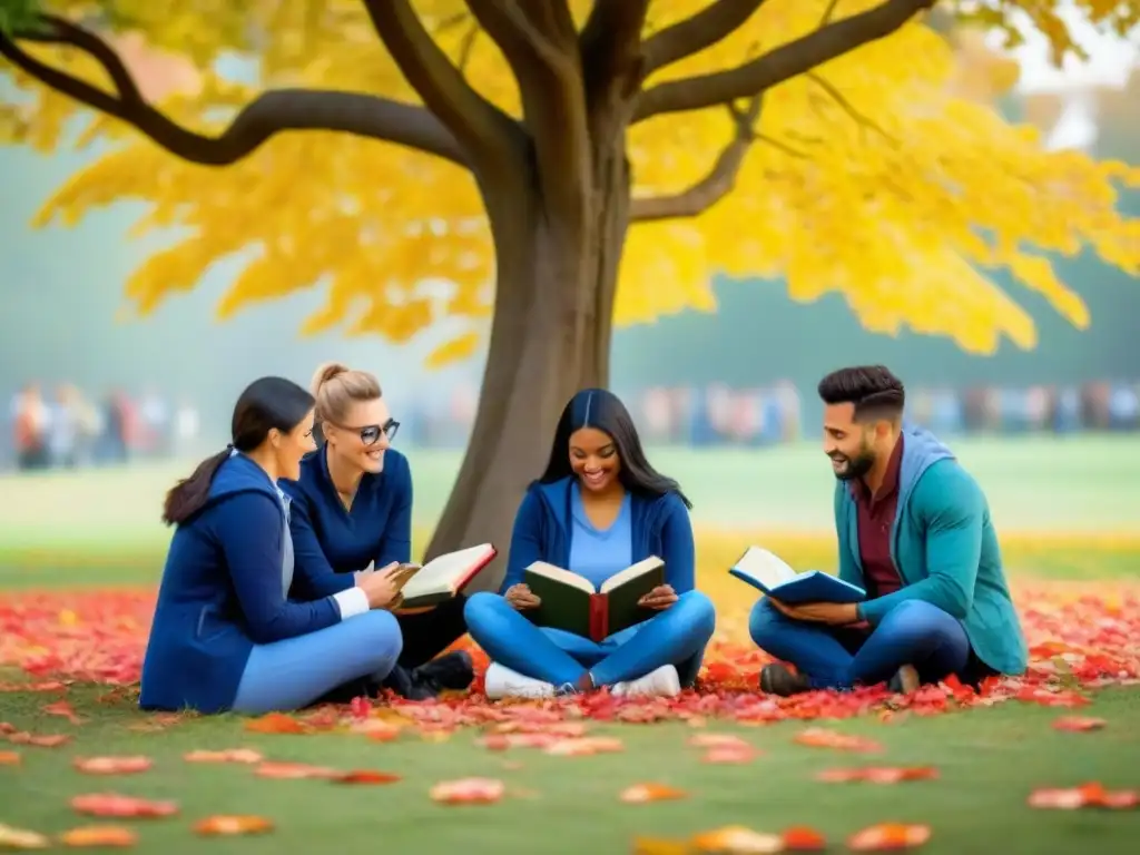 Un círculo de voluntarios diversos intercambiando idiomas bajo un árbol en otoño