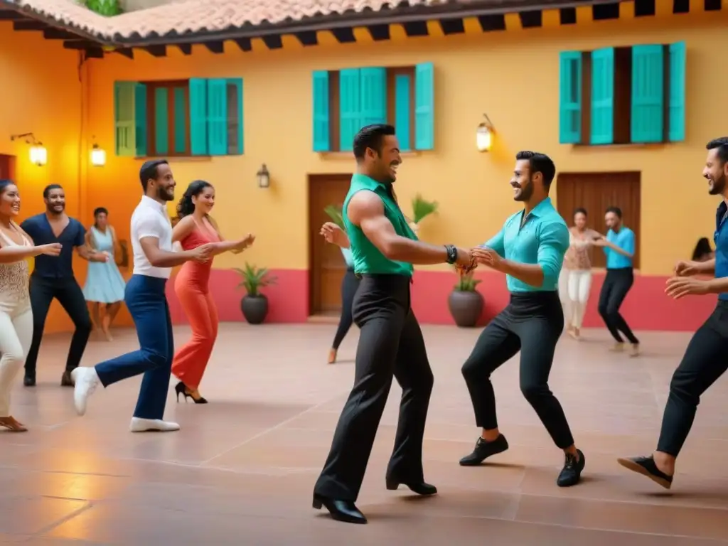 Clase de salsa vibrante en un patio latinoamericano, estudiantes practican con instructor apasionado