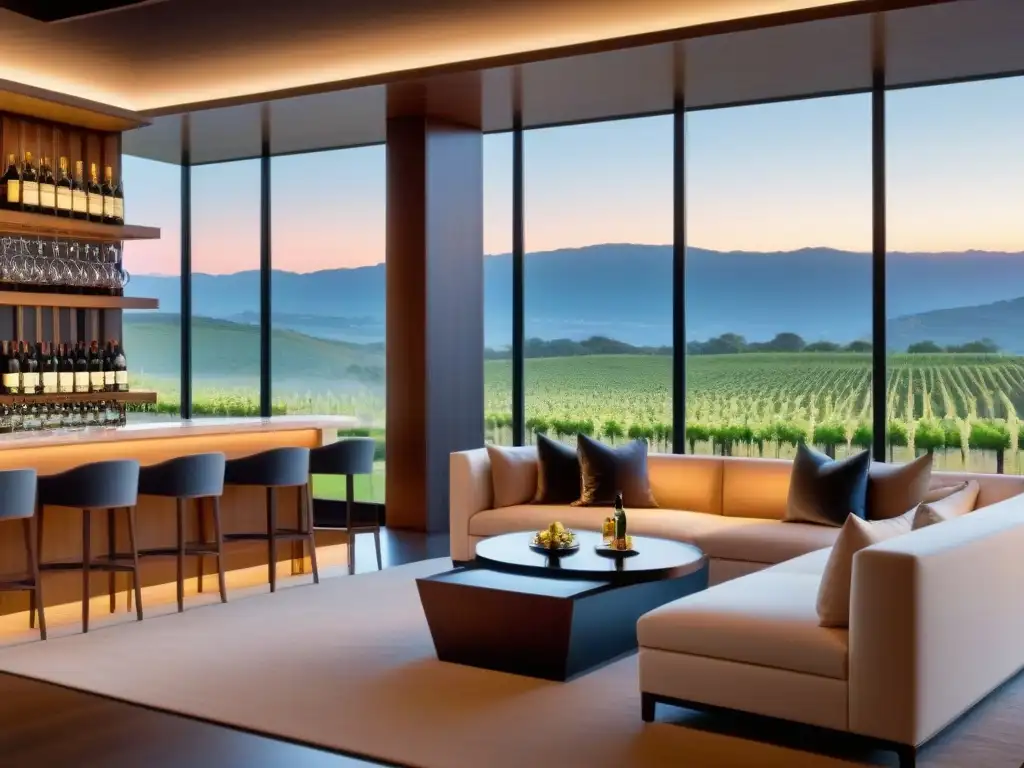 Club de Vinos y Licores: Experiencia Sofisticada al Atardecer Un club de vinos y destilados de lujo con vista a viñedos al atardecer, decoración minimalista y ambiente sofisticado