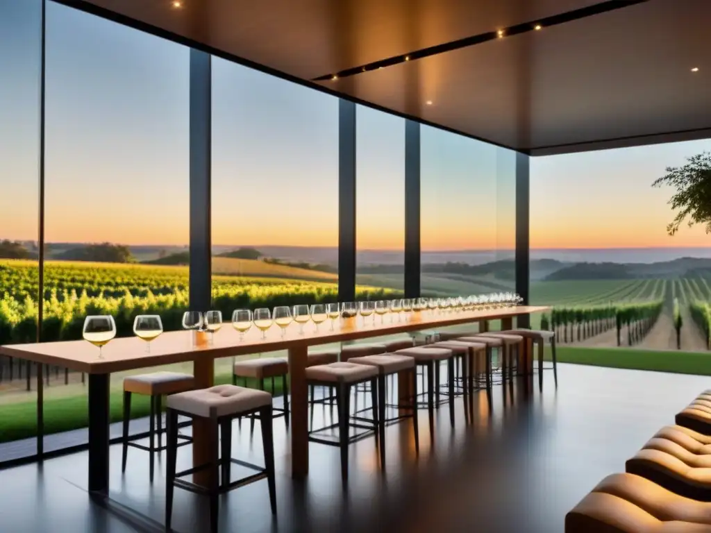 Exclusiva sala de cata con vista a viñedos al atardecer Club de vinos destilados: sala de cata elegante con vista a viñedos al atardecer