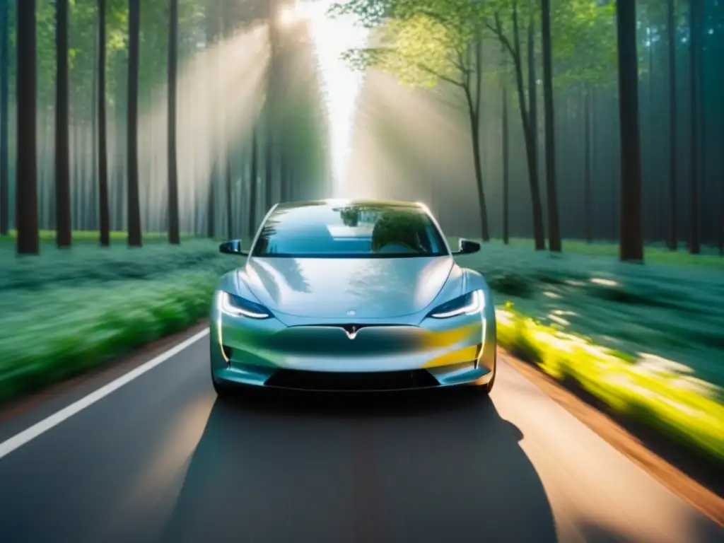 Un coche eléctrico elegante en un bosque verde, con rayos de sol filtrándose entre las hojas