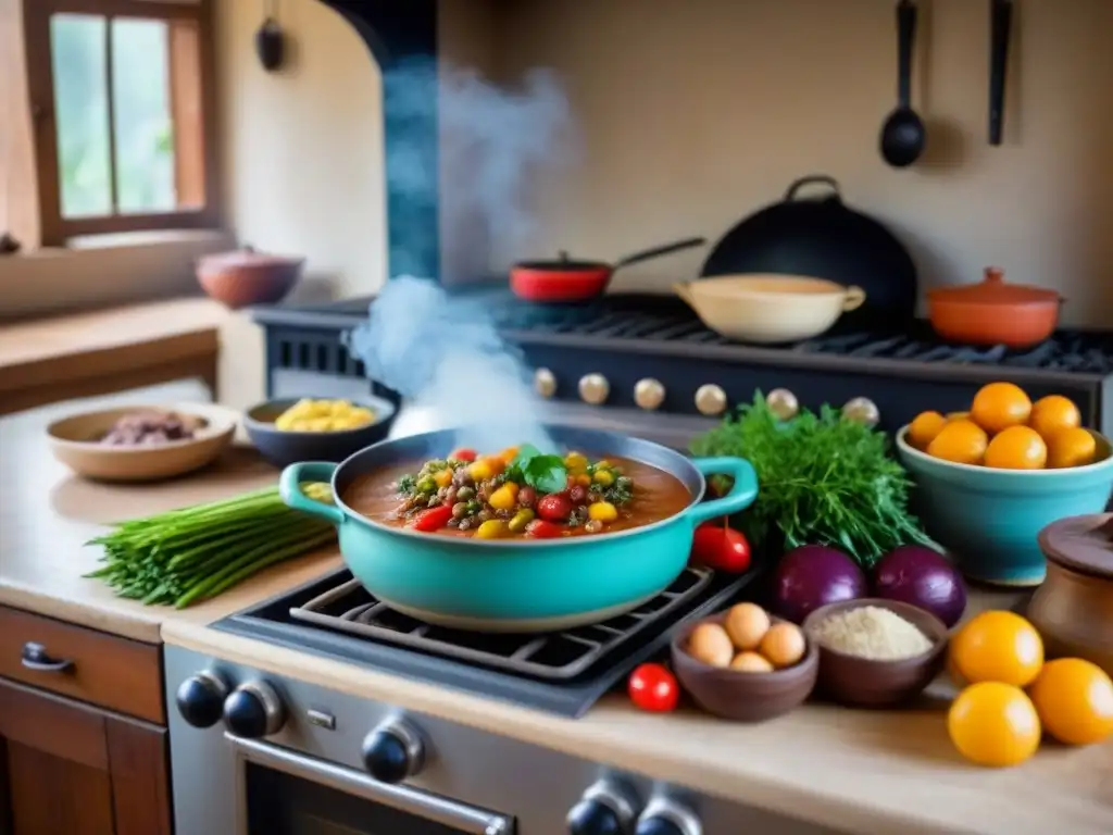 Una cocina acogedora en homestay, con mesa rústica, productos locales y utensilios de cocina