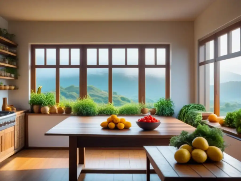 Cocina holística en retiro espiritual: mesa de madera con frutas, verduras y utensilios de cocina