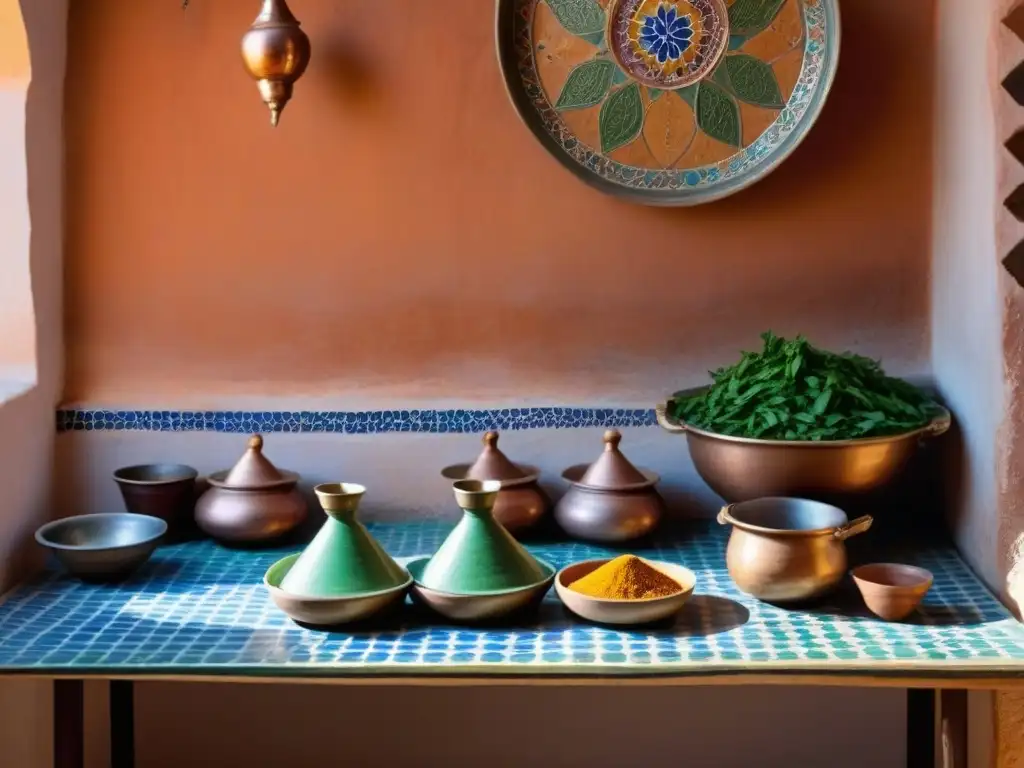 Una cocina tradicional de Marruecos homestay, con azulejos intrincados, ollas de cobre, especias coloridas y un tagine humeante en una mesa decorativa