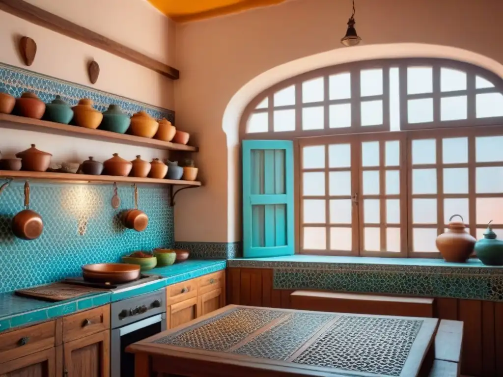 Cocina tradicional Marruecos homestay: detallada cocina marroquí con azulejos, especias y tajine en mesa de madera rústica