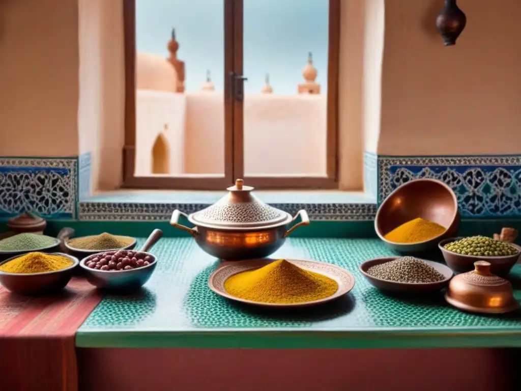 Una cocina tradicional de Marruecos en un homestay, con azulejos vibrantes, utensilios de cobre y un tagine en el fuego