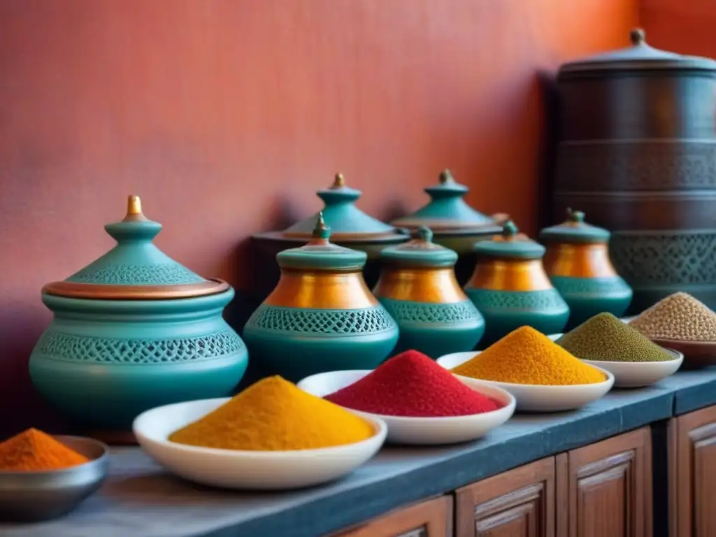 Cocina tradicional en un homestay marroquí: especias vibrantes, tagines coloridos y un anfitrión preparando cuscús