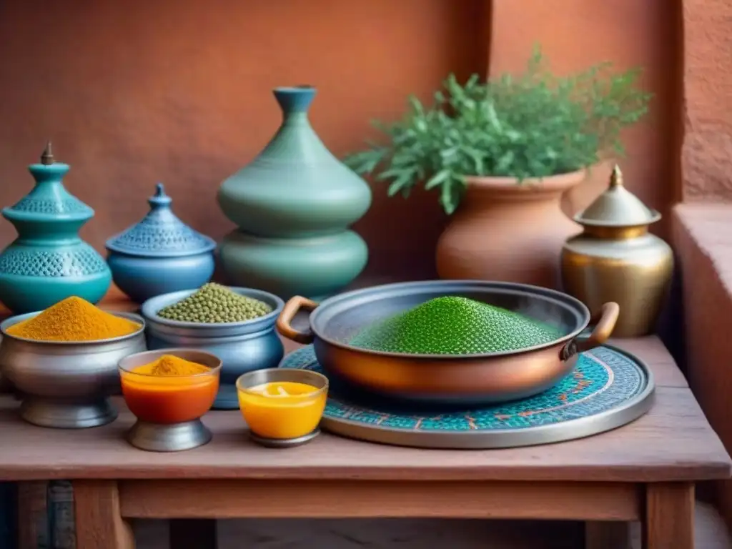 Cocina tradicional en Marruecos homestay: mosaicos, utensilios de cobre, especias y tagine en mesa de madera, con patio verde al fondo