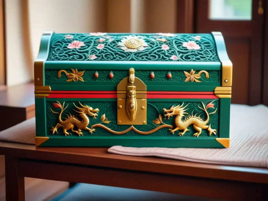 Un cofre de madera tallado a mano con motivos asiáticos, revela prendas tradicionales coloridas