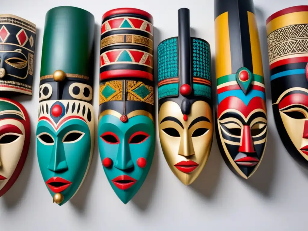 Una colección de máscaras africanas culturales talladas con intrincados diseños, en un fondo blanco