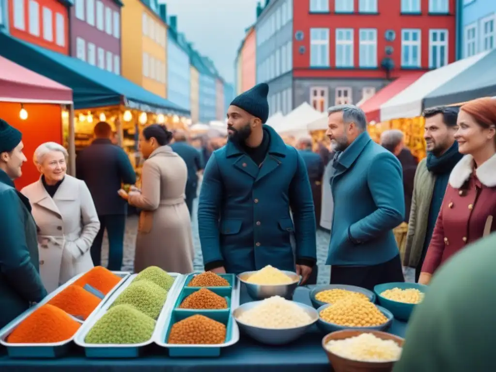 Colorida escena de intercambio cultural en un vibrante mercado de Copenhague