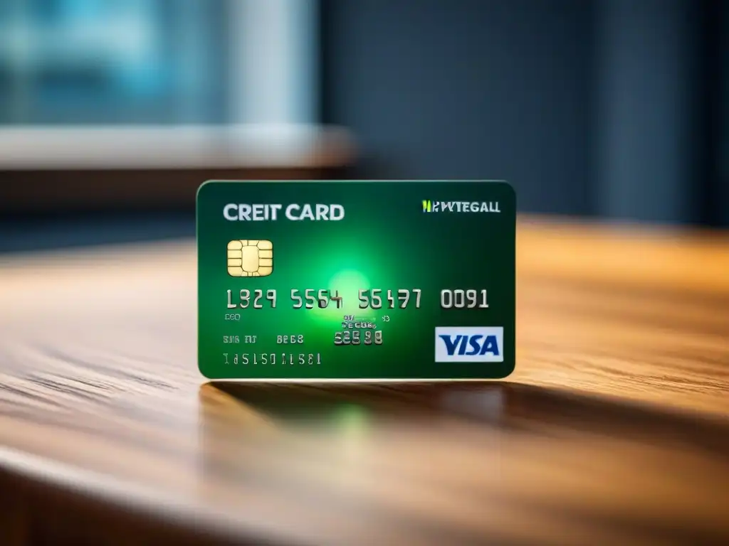 Comparativa costos homestays hoteles: Detalle elegante de una tarjeta de crédito moderna sobre un escritorio de madera, iluminada suavemente
