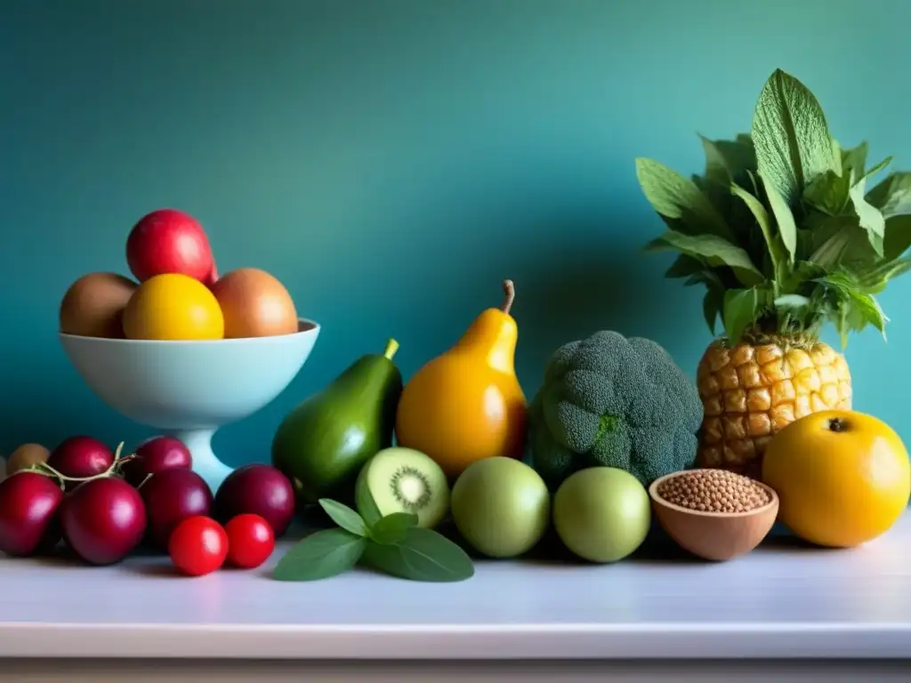 Una composición armónica de frutas, verduras, hierbas y granos sobre una mesa de madera, iluminada por luz natural