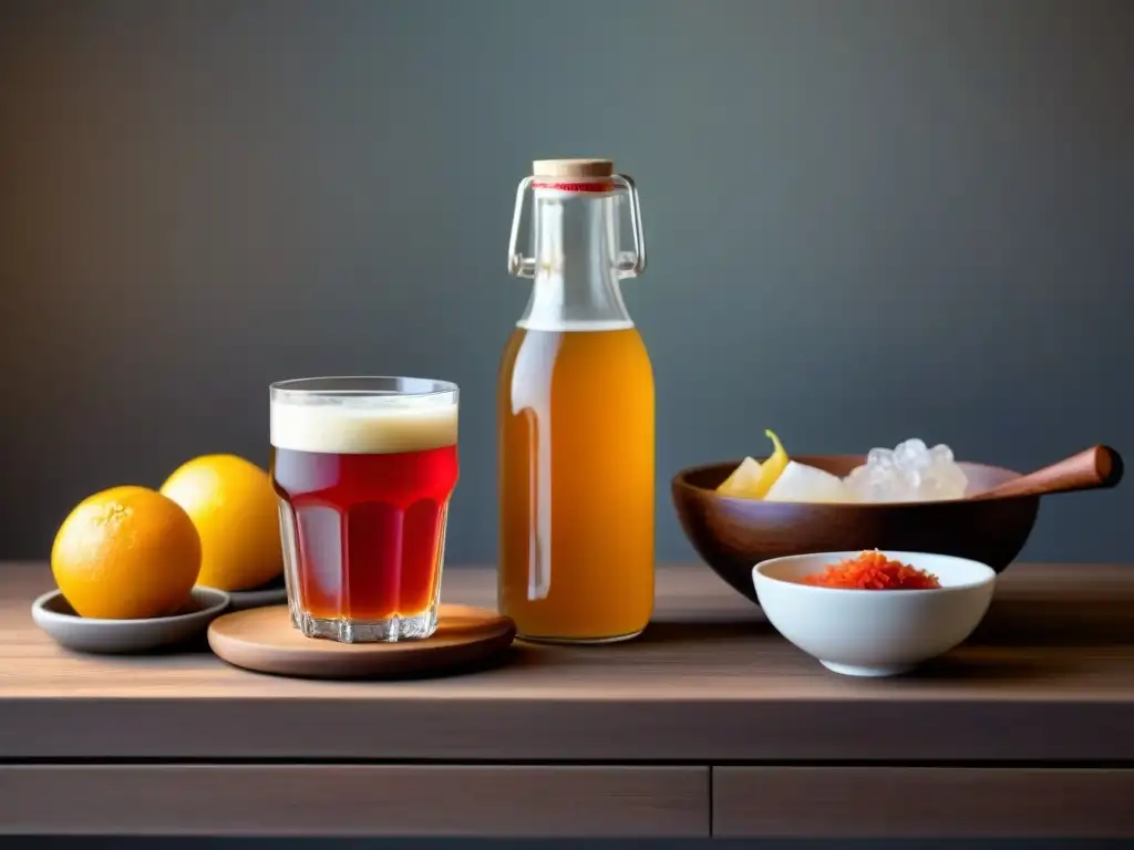 Una composición elegante de bebidas fermentadas de todo el mundo, mostrando kombucha, kefir, kvass y kimchi