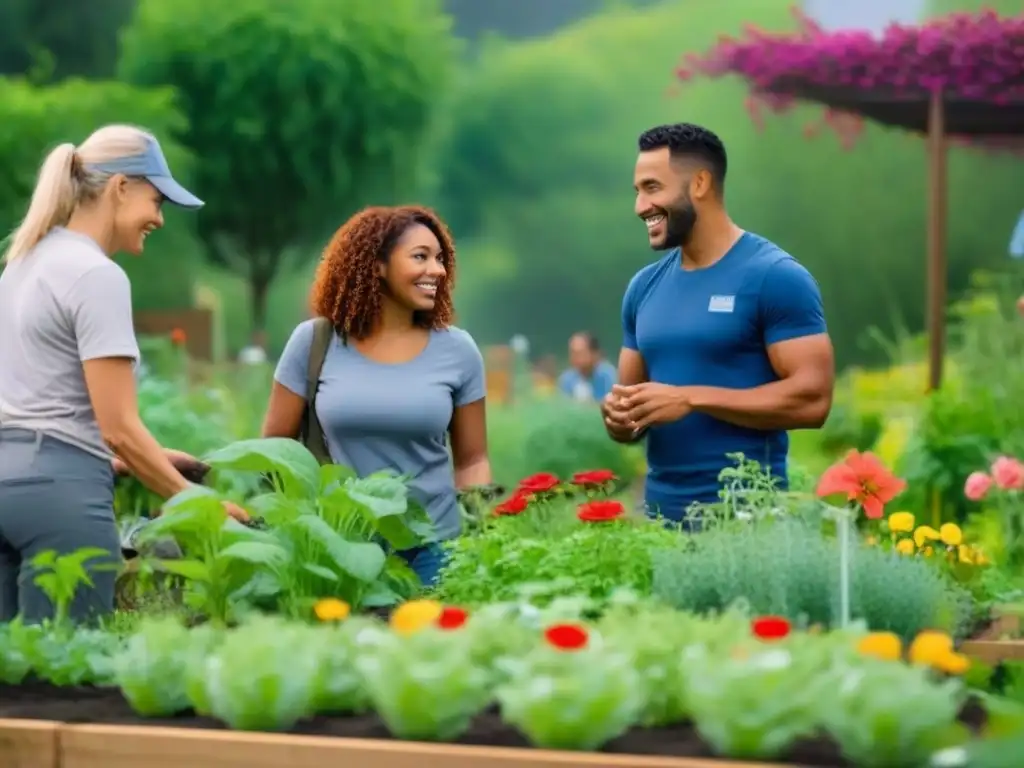 Voluntarios construyendo juntos un jardín comunitario sostenible Un jardín comunitario con voluntarios de diferentes edades y etnias trabajando unidos