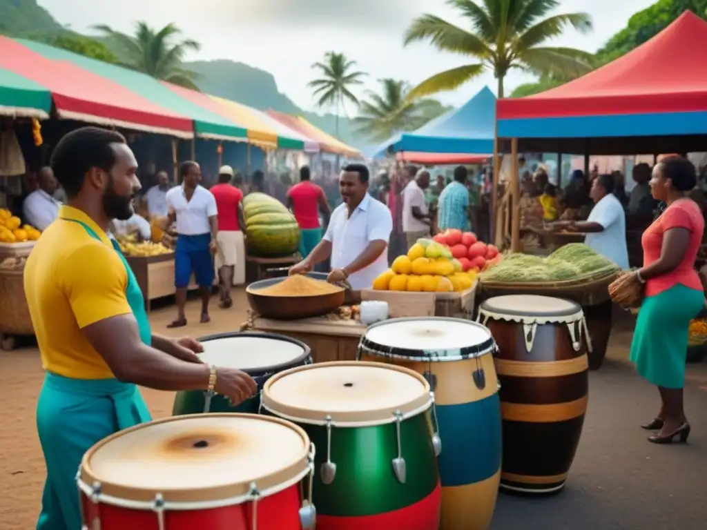 Descubrir cultura auténtica en el Caribe: Mercado callejero vibrante con locales, música y colores exóticos bajo el sol dorado