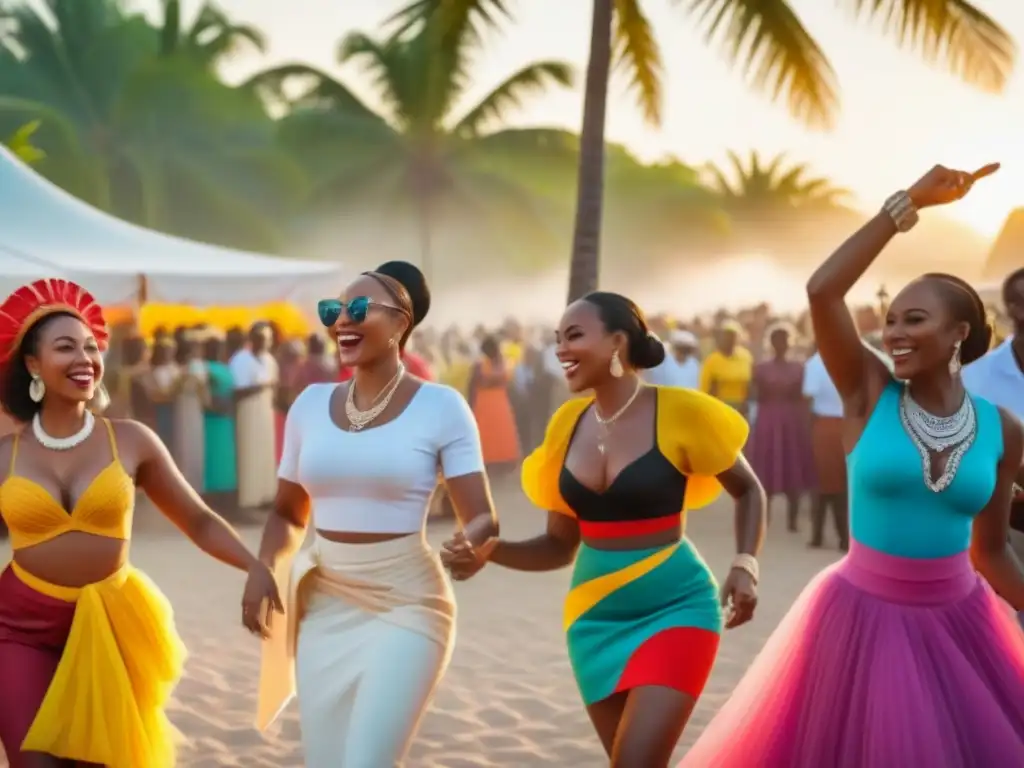 Descubrir cultura auténtica en el Caribe: vibrante festival con baile, música y trajes tradicionales bajo palmeras al atardecer