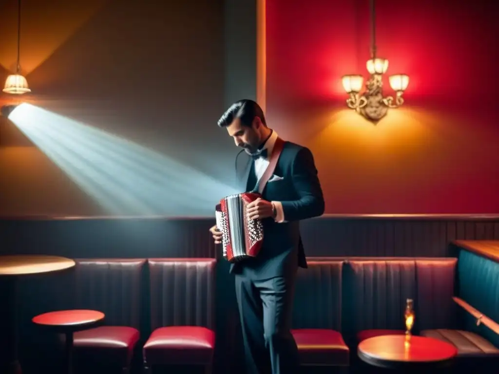 Inmersión cultural en Argentina Tango: Un bandoneonista solitario en un bar de tango, con juego de luces y sombras