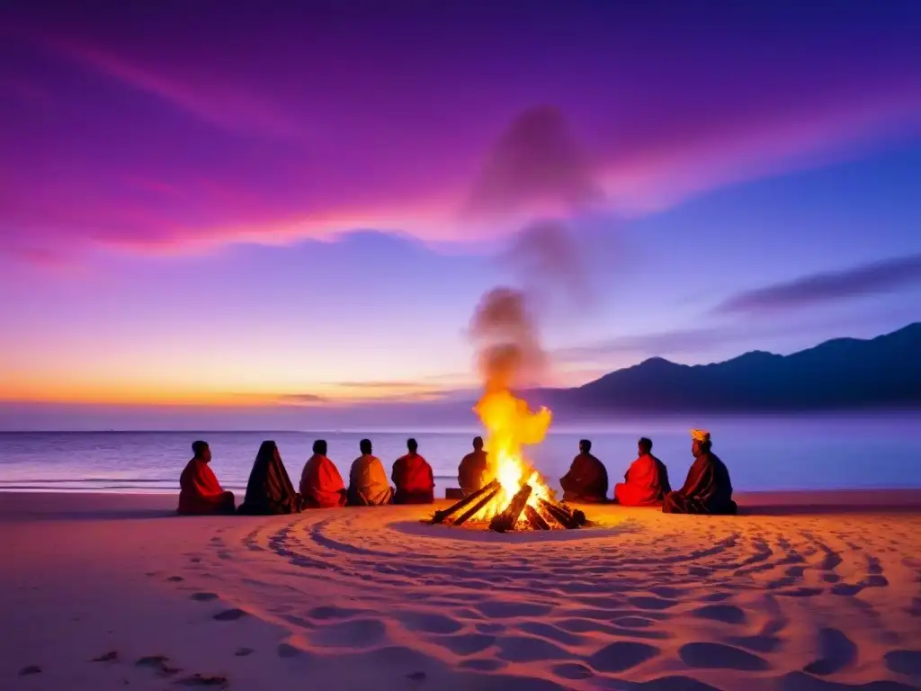 Inmersión cultural en ceremonias religiosas: Grupo de indígenas alrededor de una fogata en la playa al atardecer