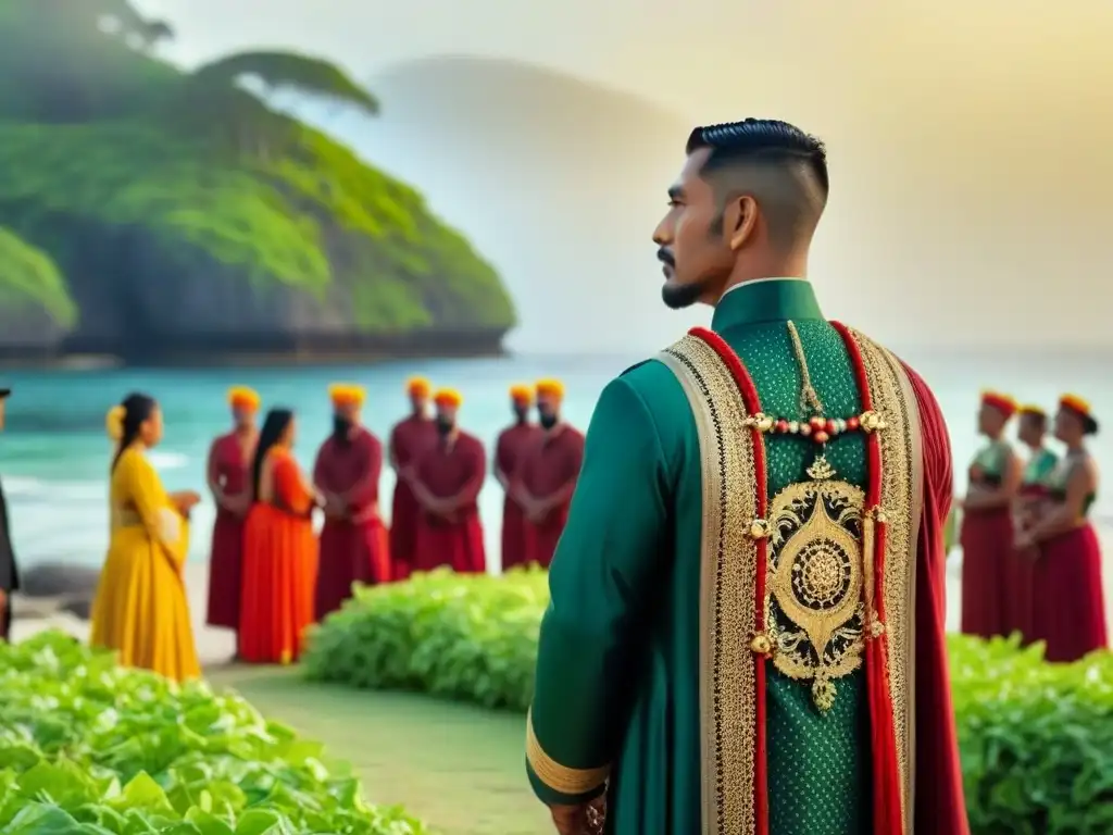 Inmersión cultural en ceremonias religiosas al amanecer en una isla remota, con locales vestidos con trajes vibrantes y el océano de fondo