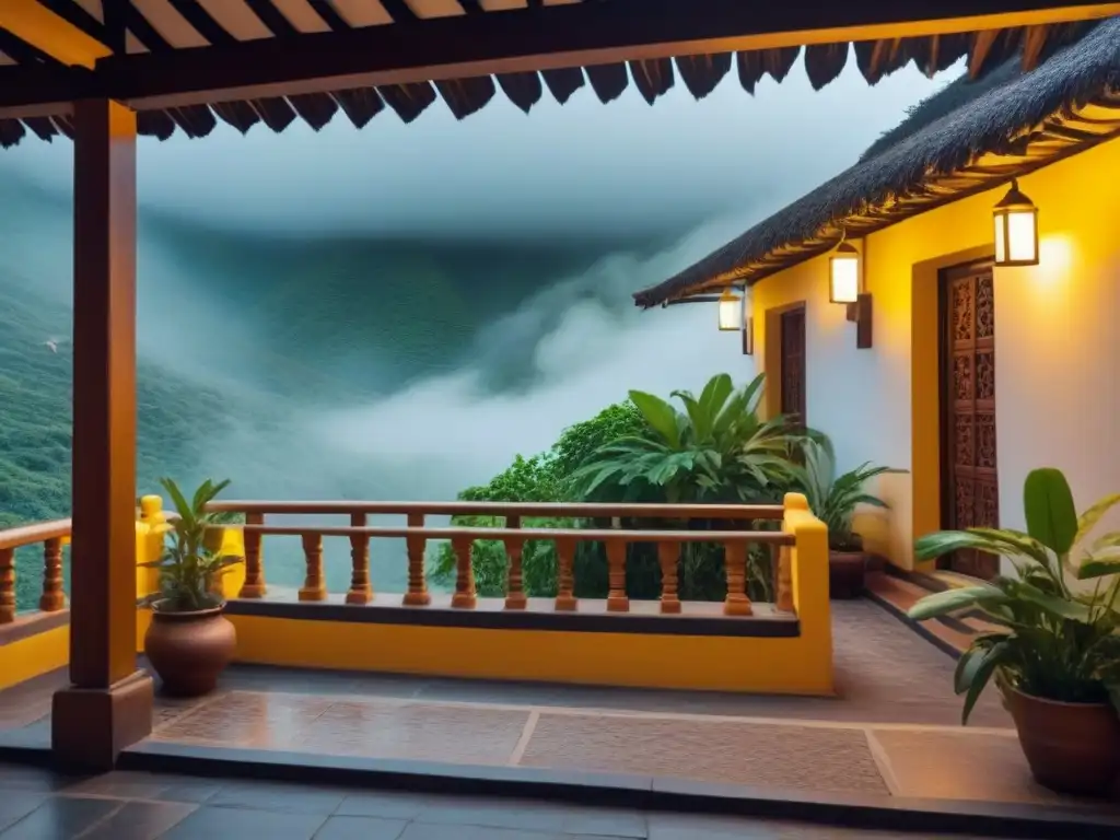 Homestay cultural en destino exótico: patio sereno con vegetación vibrante y decoraciones coloridas