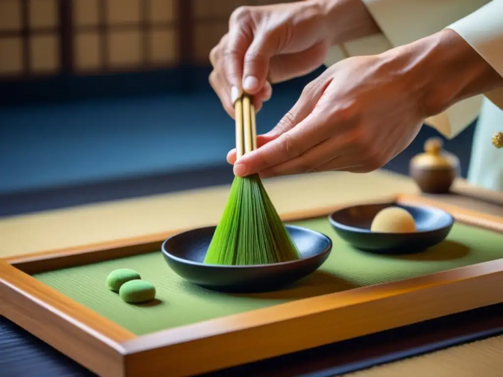 Momento Zen: Ceremonia del té japonés con maestría Inmersión cultural en Japón: Detalle de una elegante ceremonia del té japonés con movimiento preciso y ambiente sereno