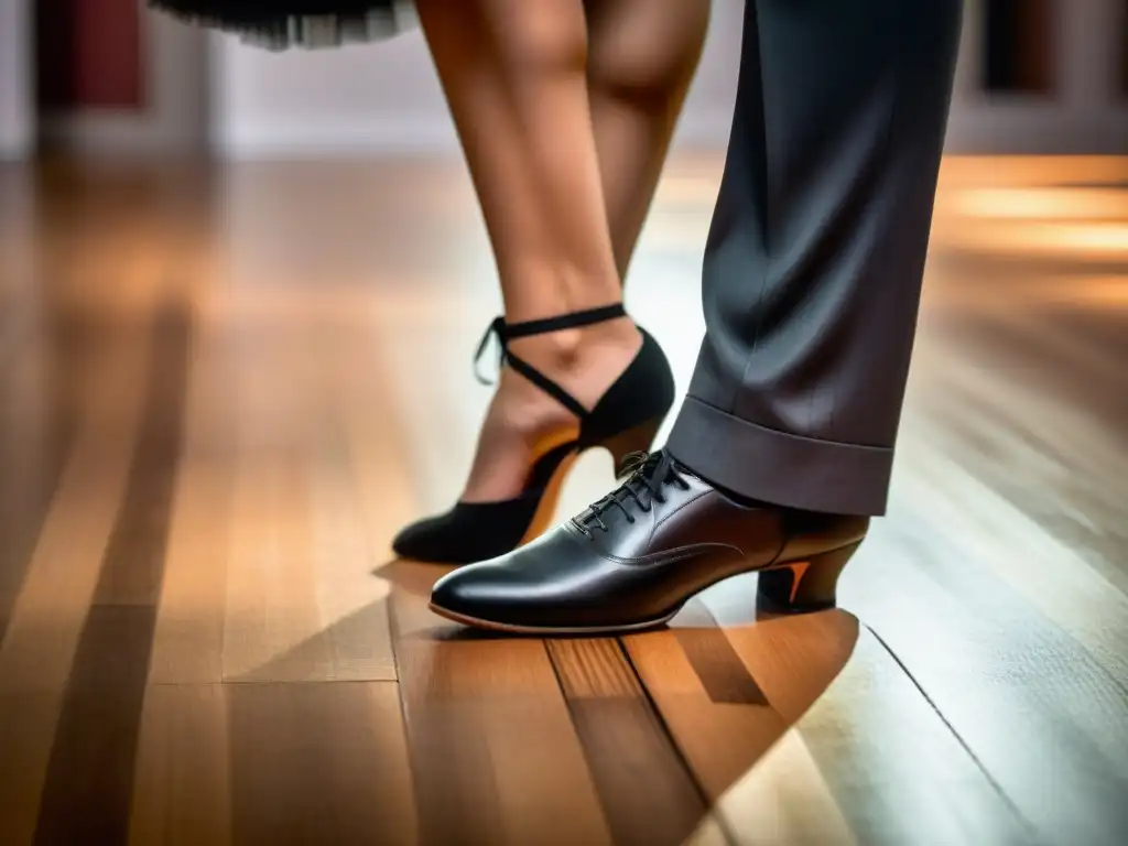 Inmersión cultural en Argentina Tango: Detalle de pies de bailarines de tango deslizándose con elegancia sobre una pista iluminada