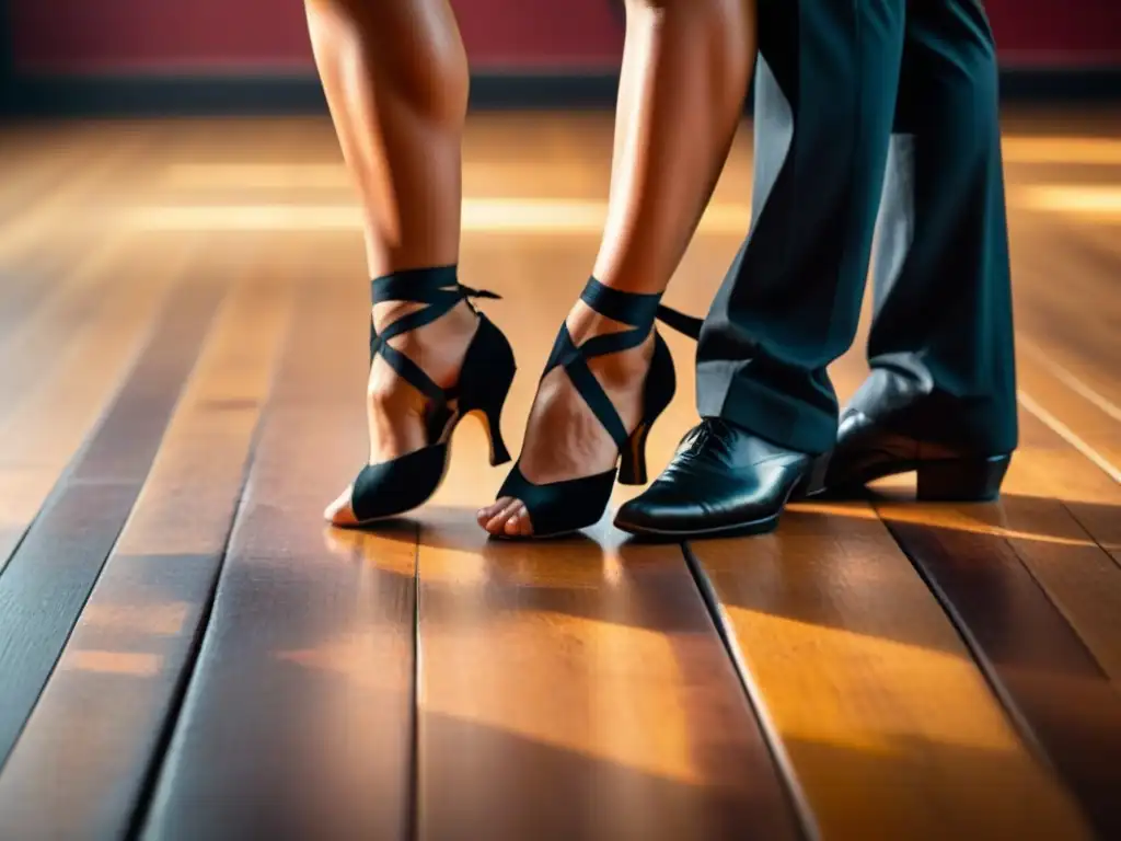 Inmersión cultural en Argentina Tango: Detalle de pies de bailarines de tango entrelazados en una pista de baile de madera