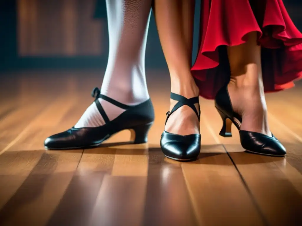 Inmersión cultural en Argentina Tango: Detalle de pies entrelazados de bailarines de tango en una pista oscura, mostrando la elegancia y pasión