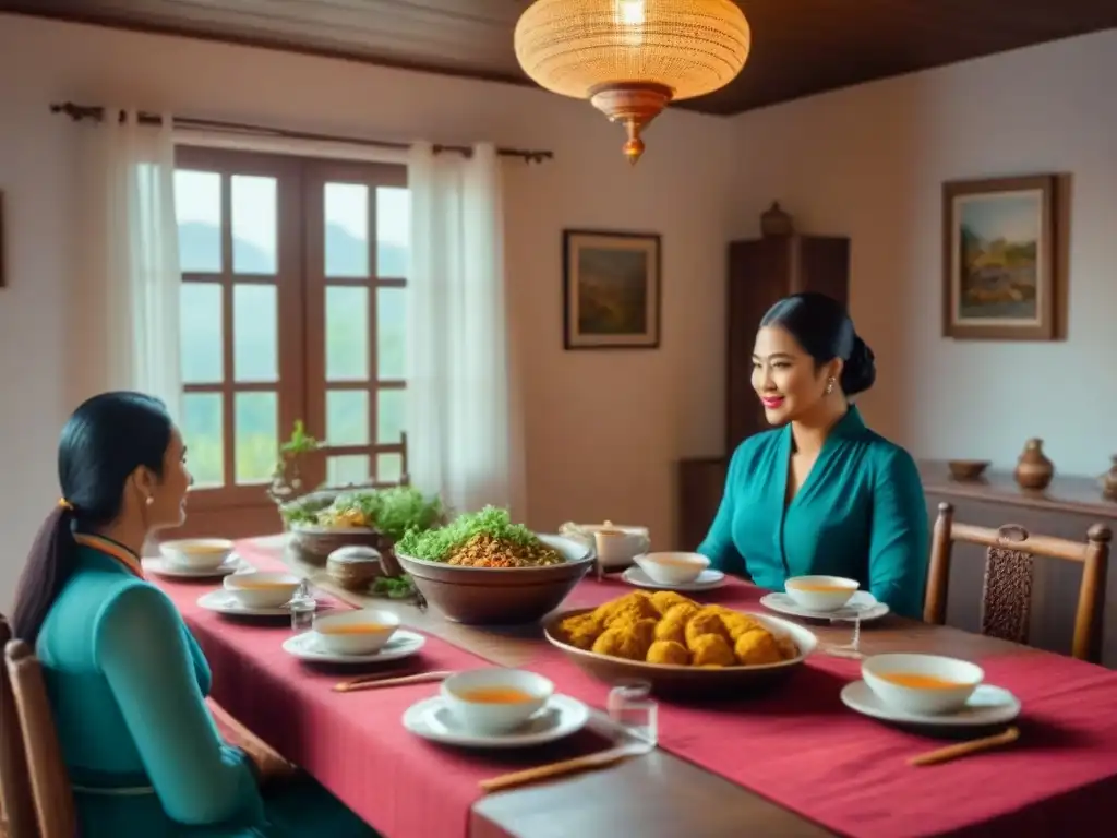 Inmersión cultural en homestays globales: mesa de comedor con comida local y decoración tradicional, anfitrión conversando con huéspedes diversos