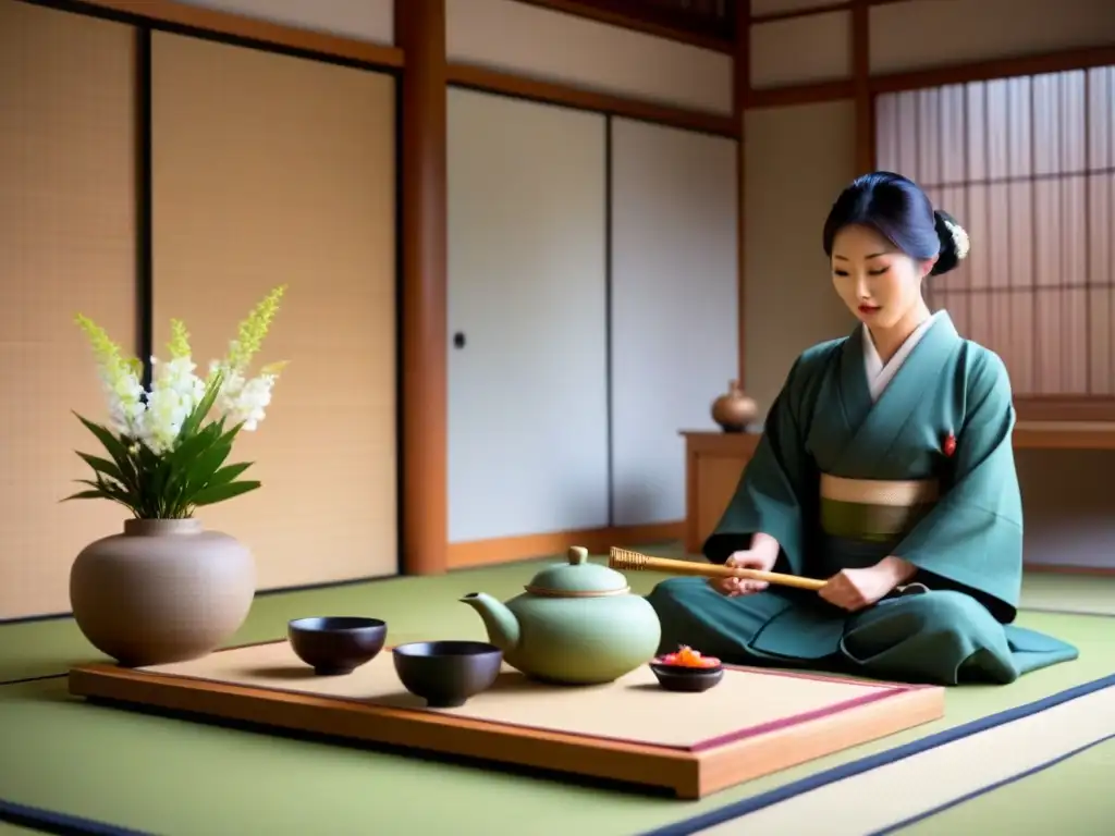 Exquisita ceremonia del té japonés: gracia y serenidad Inmersión cultural en Japón: Ceremonia del té japonesa en un ambiente sereno y minimalista