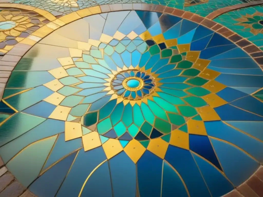 Inmersión cultural a través del arte: Patrón de mosaico marroquí en azules, verdes y dorados, creando un diseño geométrico hipnótico