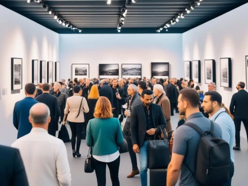 Inmersión cultural a través del arte: Multitud diversa en una feria de arte, observando obras vibrantes en elegantes stands