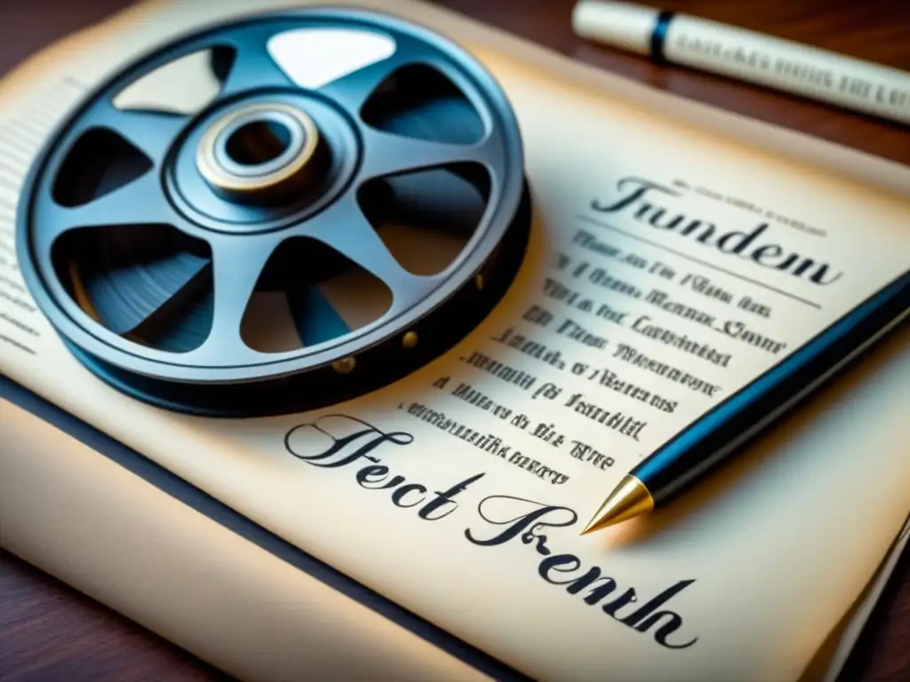 Simbiosis artística: carrete de cine francés y pluma creando literatura Inmersión cultural a través de homestays: Un carrete de película francés en blanco y negro entrelazado con una pluma clásica escribiendo en un pergamino en blanco