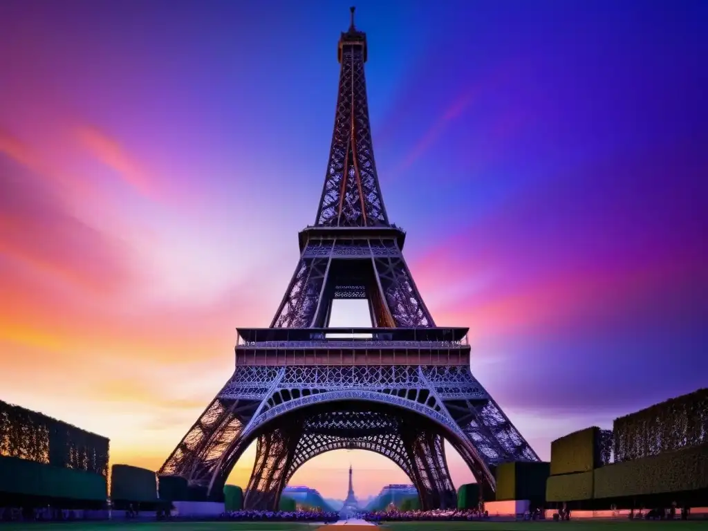 Puesta de sol en la Torre Eiffel: minimalismo y elegancia Inmersión cultural a través de homestays: Silueta detallada de la Torre Eiffel al atardecer, en un cielo vibrante de tonos cálidos y morados
