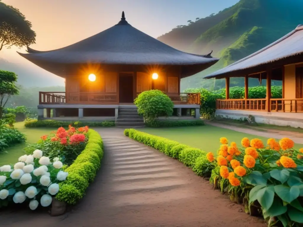 Retiro cultural: Casa tradicional en aldea remota Una fotografía cultural en homestays: vibrante aldea remota con arquitectura tradicional detallada, rodeada de exuberante vegetación y flores