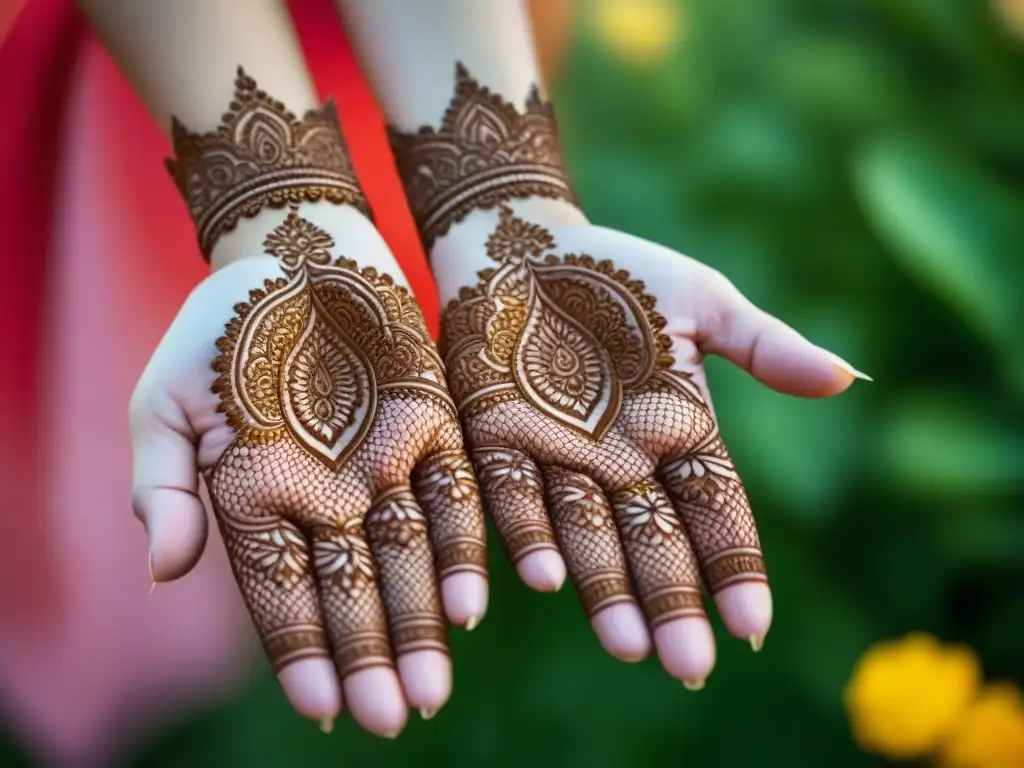 Delicado diseño de henna en manos de mujer india, reflejando la riqueza cultural