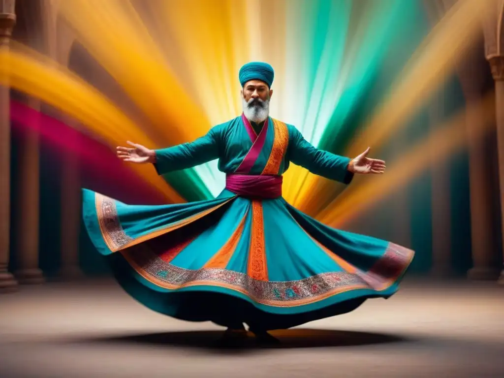 Danza mística: Derviche girando en éxtasis espiritual Un Derviche Girovago en trance espiritual, danzando con gracia en un torbellino de colores y patrones