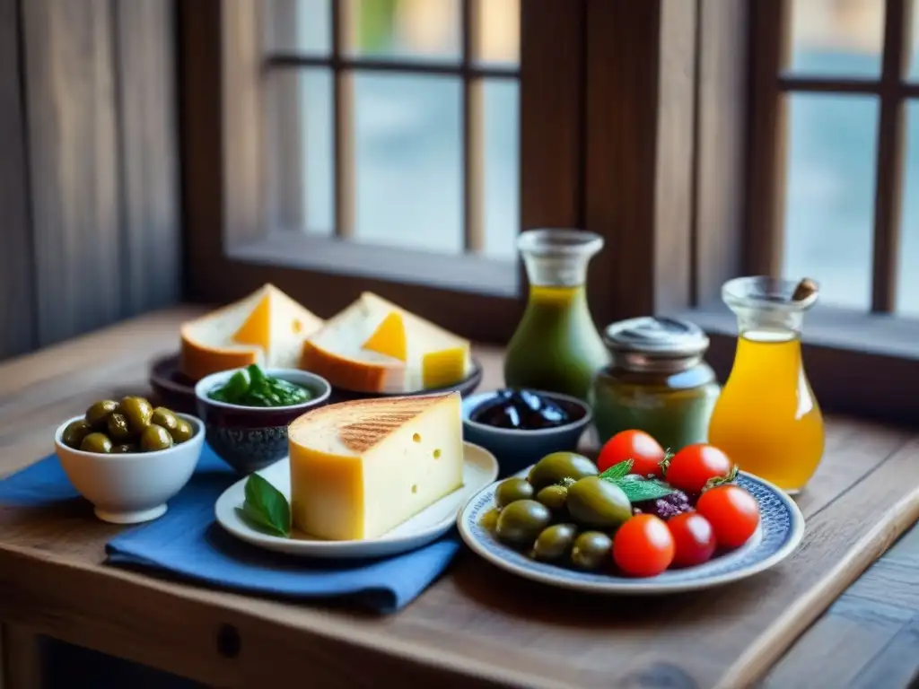 Un desayuno turco tradicional detallado en una mesa de madera rústica con patrones turcos, bañado por la cálida luz matutina