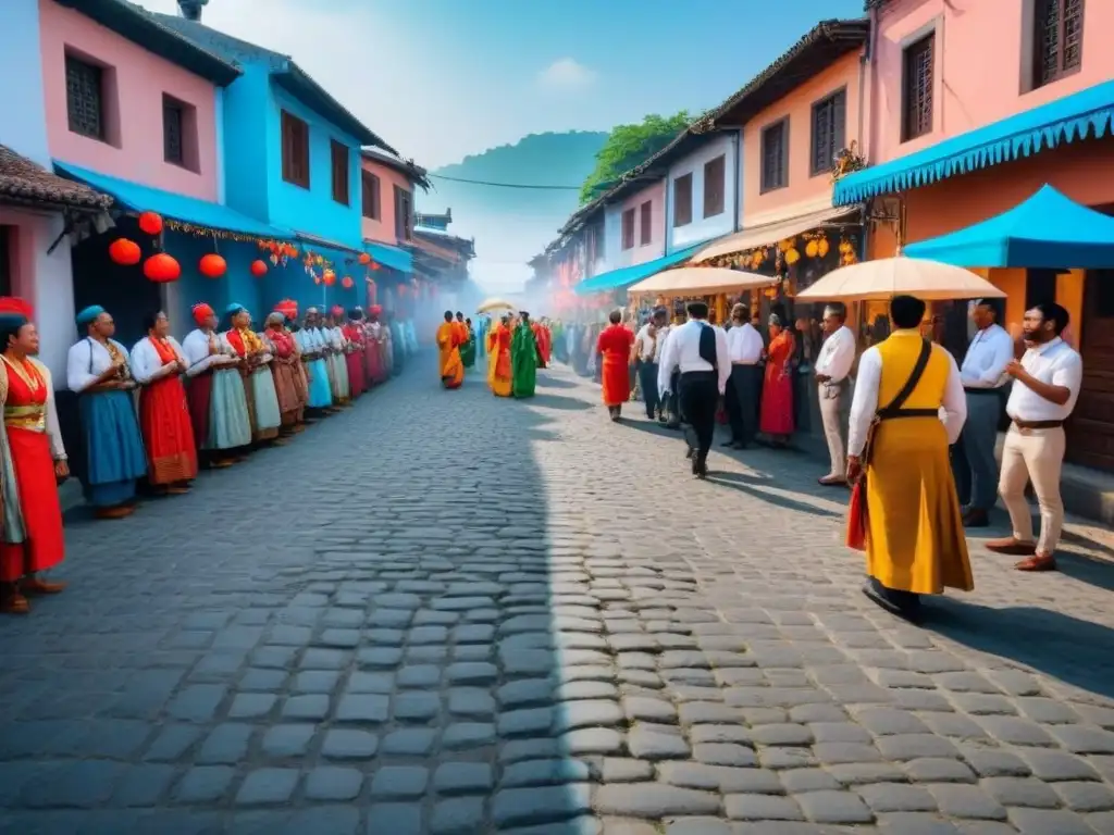 Un desfile colorido de festivales locales en calles empedradas, hogares adornados y familias felices