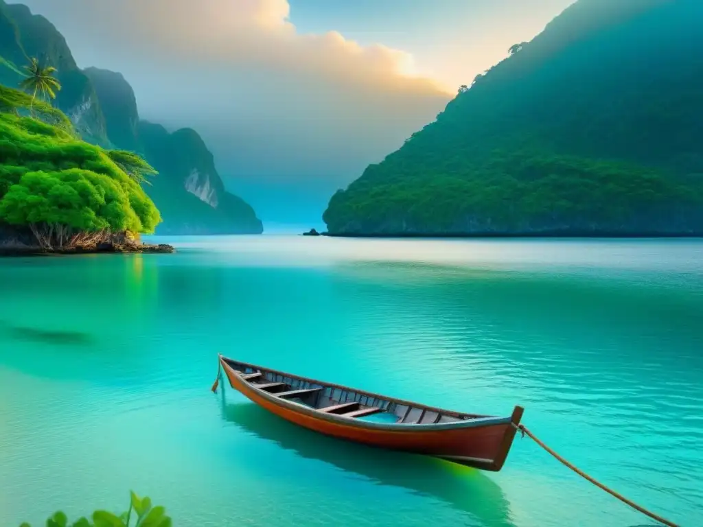 Paraíso virgen: Isla tranquila al atardecer Destinos inmersión cultural islas secretas: isla virgen con aguas turquesa, vegetación exuberante y bote de madera cerca de la orilla al atardecer