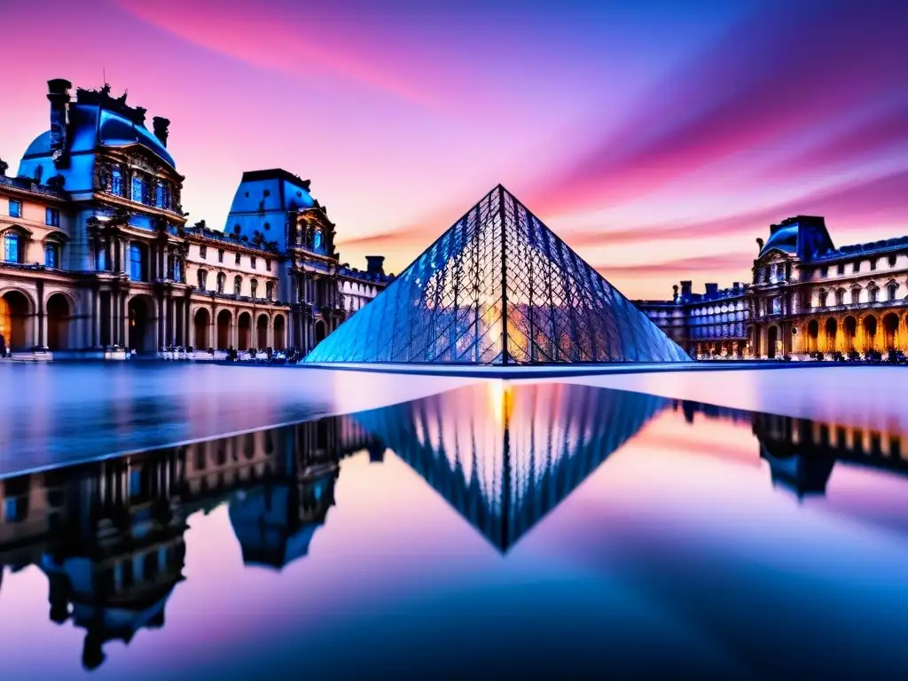 Pirámide del Louvre al atardecer: elegancia y cultura en París Destinos de lujo: el icónico Louvre en París al atardecer, reflejado en el agua, evocando elegancia y cultura