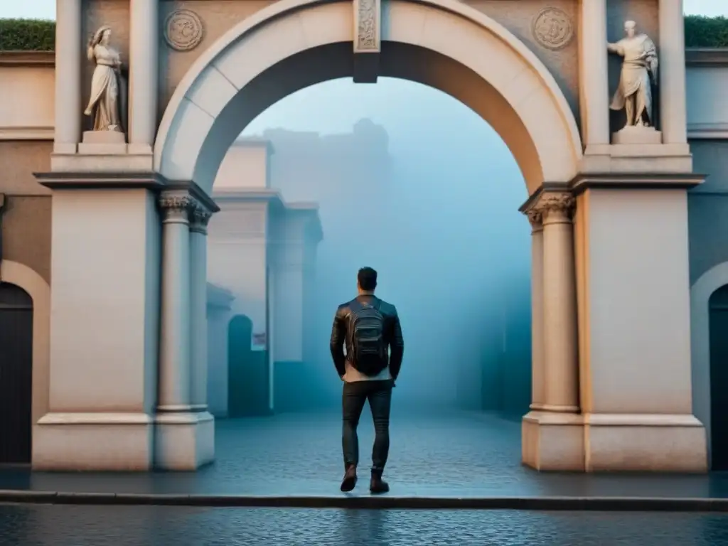 Detallada ilustración en blanco y negro del icónico arco de entrada a los Estudios Cinecittà en Roma, Italia